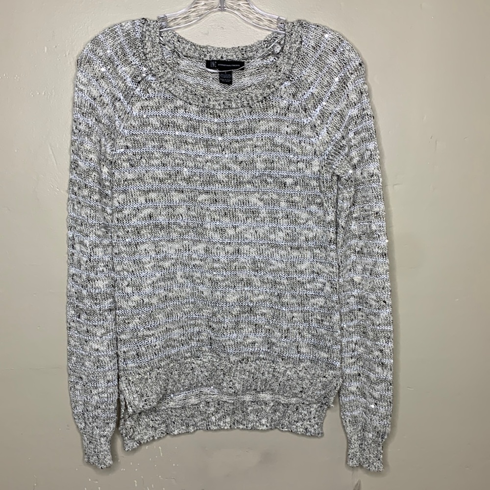 INC Sweater Black White Silver Sequin Crewneck Raglan Sleeves NWT Small